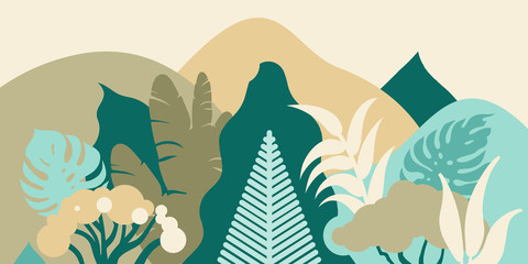 Forest in the mountains with tropical plants. Landscape for tourism. Preservation of the environment. Park, outdoor space. Vector illustration.