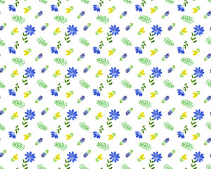 Fototapeta na wymiar Stroke brush blue and yellow flower seamless pattern