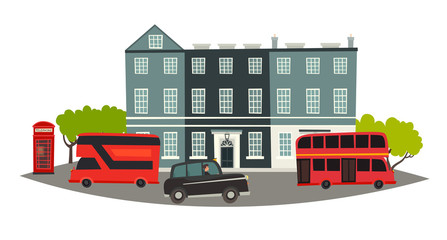 Obraz na płótnie Canvas London skyline vector Illustration. House, Red telephone booth and england transport: black taxi and red traditional bus. London attraction hand drawn banner