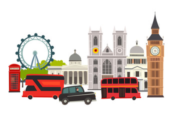 London skyline vector Illustration. Architecture and transport. England landmark, London city abstract street cartoon style. Isolated on white background. Travel to United Kingdom Great Britain