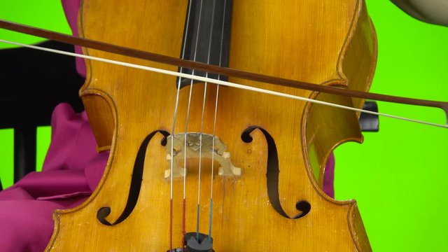 Cello bow touches the strings. Green screen. Close up