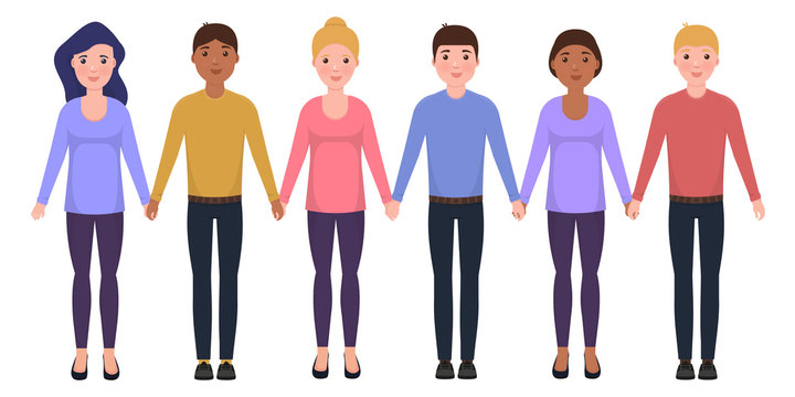 People hold hands, characters in flat style, Friendship vector illustration