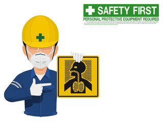 Industrial worker is presenting dust hazard sign