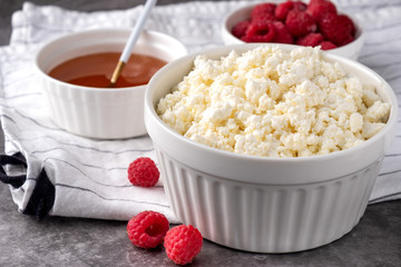 cottage cheese with fresh berries, honey, healthy breakfast, diet vegetarian food