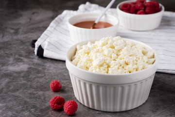 cottage cheese with fresh berries, honey, healthy breakfast, diet vegetarian food
