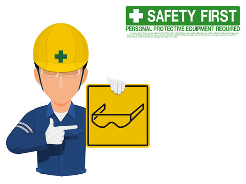Industrial worker is presenting safety glasses sign