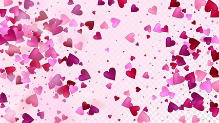 Falling Hearts Vector Confetti. Valentines Day Wedding Pattern. Beautiful Pink Sparkles Valentines Day Decoration with Falling Down Hearts Confetti. Rich VIP Gift, Birthday Card, Poster Background