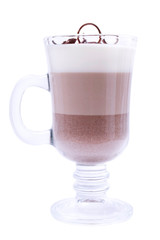 Layered chocolate dessert in an Irish glass mug. Isolated object