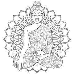 Adult antistress coloring manadala, woman doing yoga pattern, astrakhan. Illustration of black lines doodle, white background