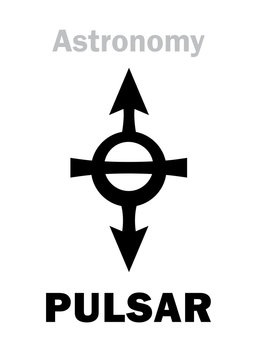 Astrology Alphabet: PULSAR, Enigmatic supermassive object of the Impulse radiation of distant galaxies in The Universe. Hieroglyphics character sign (astronomical symbol).