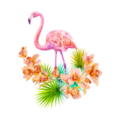 Tropical summer arrangements with flamingos, palm leaves and exotic orchids flowers. Watercolor illustration.