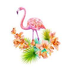 Tropical summer arrangements with flamingos, palm leaves and exotic orchids flowers. Watercolor illustration. © elennadzen