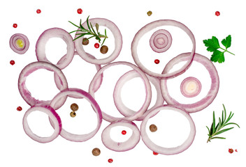 Sliced red onion with rosemary and peppercorns isolated on white background. Top view.