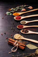 spices in spoons on wooden background