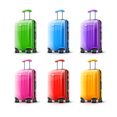 Set of colorful modern suitcases for travel, case icons isolated