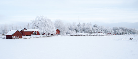 Grange et maison de ferme dans un paysage d& 39 hiver froid avec neige et givre