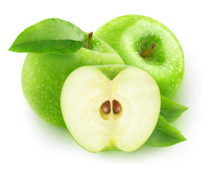 Isolated apples. Two green apples and a half isolated on white background with clipping path