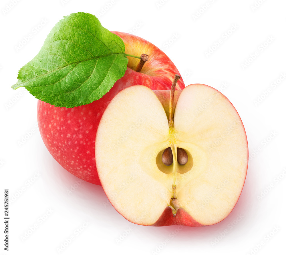 Aufkleber Isolated apples. One red apple and a half isolated on white background with clipping path