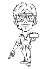 Boy Characters holding a gun and showing a smartphone, wearing bulletproof vest, goggles, and headset for shooting games mascot Coloring Book Cartoon Vector
