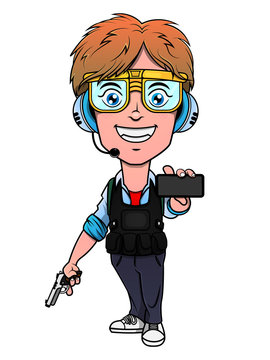 Boy Characters holding a gun and showing a smartphone, wearing bulletproof vest, goggles, and headset for shooting games mascot Cartoon Vector