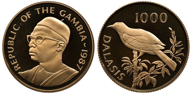 The Gambia Gambian golden coin 1000 one thousand dalasis 1987, subject World Wildlife Fund, bust left, Gambian puffback bird on branch, 