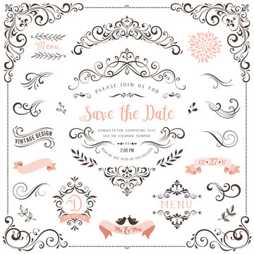 Ornate vintage design elements with calligraphy swirls, swashes, ornate motifs and scrolls.  Good for Save the Date cards, Wedding invitations and Thank You cards. 