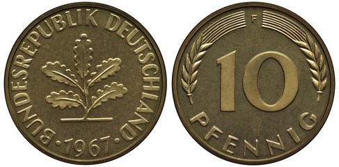 Germany German coin 10 ten pfennig 1967, oak leaves in center surrounded y country name, date...