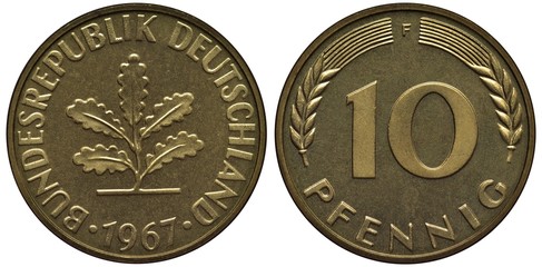 Germany German coin 10 ten pfennig 1967, oak leaves in center surrounded y country name, date...