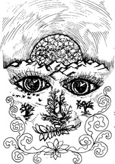 Illustration of the spirit of the earth, eyes and earth in perspective, the cosmic body.