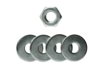  set of galvanized nut and rings on  isolated  background