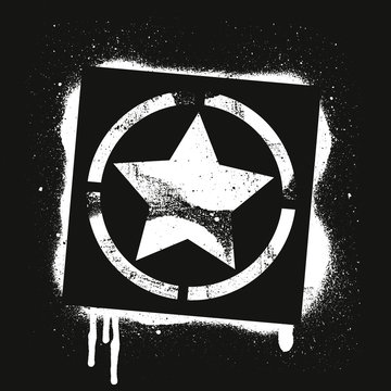 Stencil STAR symbol. White graffiti print on black background. Vector design street art