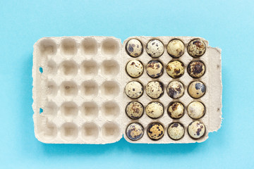 Pattern set of quail eggs on yellow paper background. Easter concept. Creative Flat lay Top view