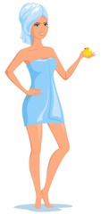 Cute girl in a towel from the bathroom. The girl in the towel after swimming.