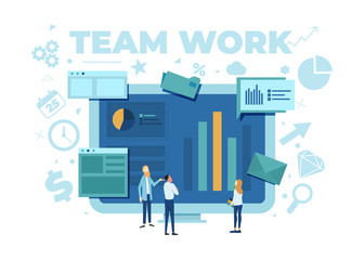 The team is working on a business project. The working process. Analytics, information gathering, teamwork. Monitor and business team isolated on white background. Vector illustration.