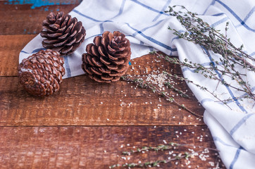 cones, thyme, sesame, towel
