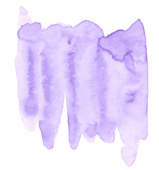 Lilac pastel watercolor hand-drawn isolated wash stain on white background for text, design. Abstract texture made by brush for wallpaper, label.