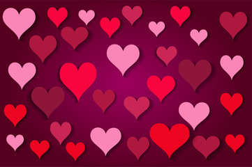 Pink hearts background wih shadows, vector