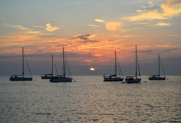 Evening view on Yachts, fishing boats and the Adriatic sunset sea, Rovinj, Croatia