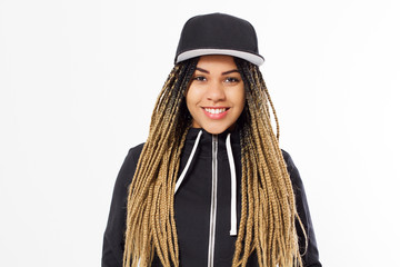 Fototapeta premium portrait of black woman in blank black cap and toasting on white background,hipster