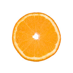 Thin orange fruit slice isolated on a white background. Ctrus round slice. Food background.