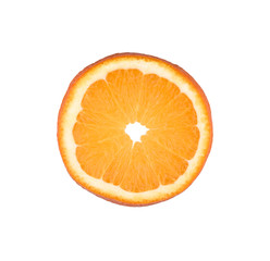 Thin orange fruit slice isolated on a white background. Ctrus round slice. Food background.