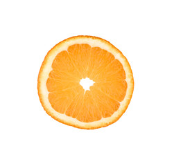 Thin orange fruit slice isolated on a white background. Ctrus round slice. Food background.