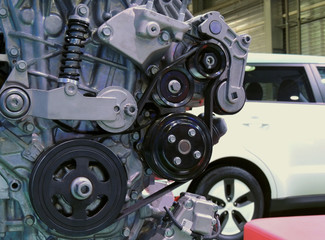Naklejka premium Hybrid engine cross section in front of the white vehicle