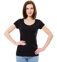 Fototapeta premium Young beautiful brunette female with blank black shirt. Ready for design or artwork