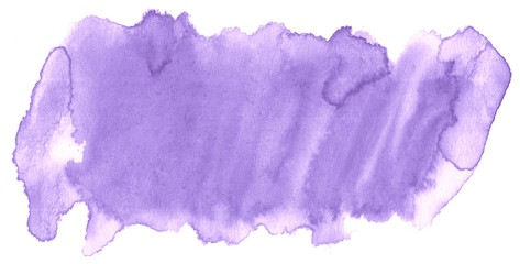 Lilac pastel watercolor hand-drawn isolated wash stain on white background for text, design. Abstract texture made by brush for wallpaper, label.