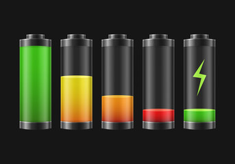 Realistic Detailed 3d Battery Charge Indicators Set. Vector