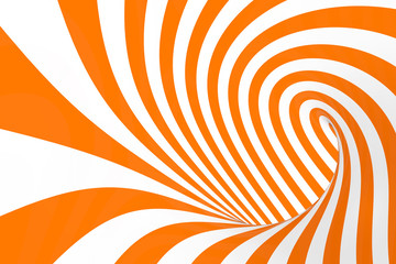 Torus 3D optical illusion raster illustration. Hypnotic white and orange tube image. Contrast twisting loops, stripes ornament.