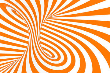Torus 3D optical illusion raster illustration. Hypnotic white and orange tube image. Contrast twisting loops, stripes ornament.