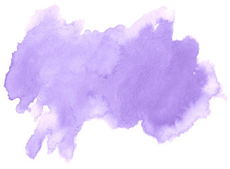 Lilac pastel watercolor hand-drawn isolated wash stain on white background for text, design. Abstract texture made by brush for wallpaper, label.