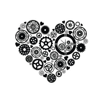 Heart consisting of gears in the Victorian style, hand drawn. Vector illustration